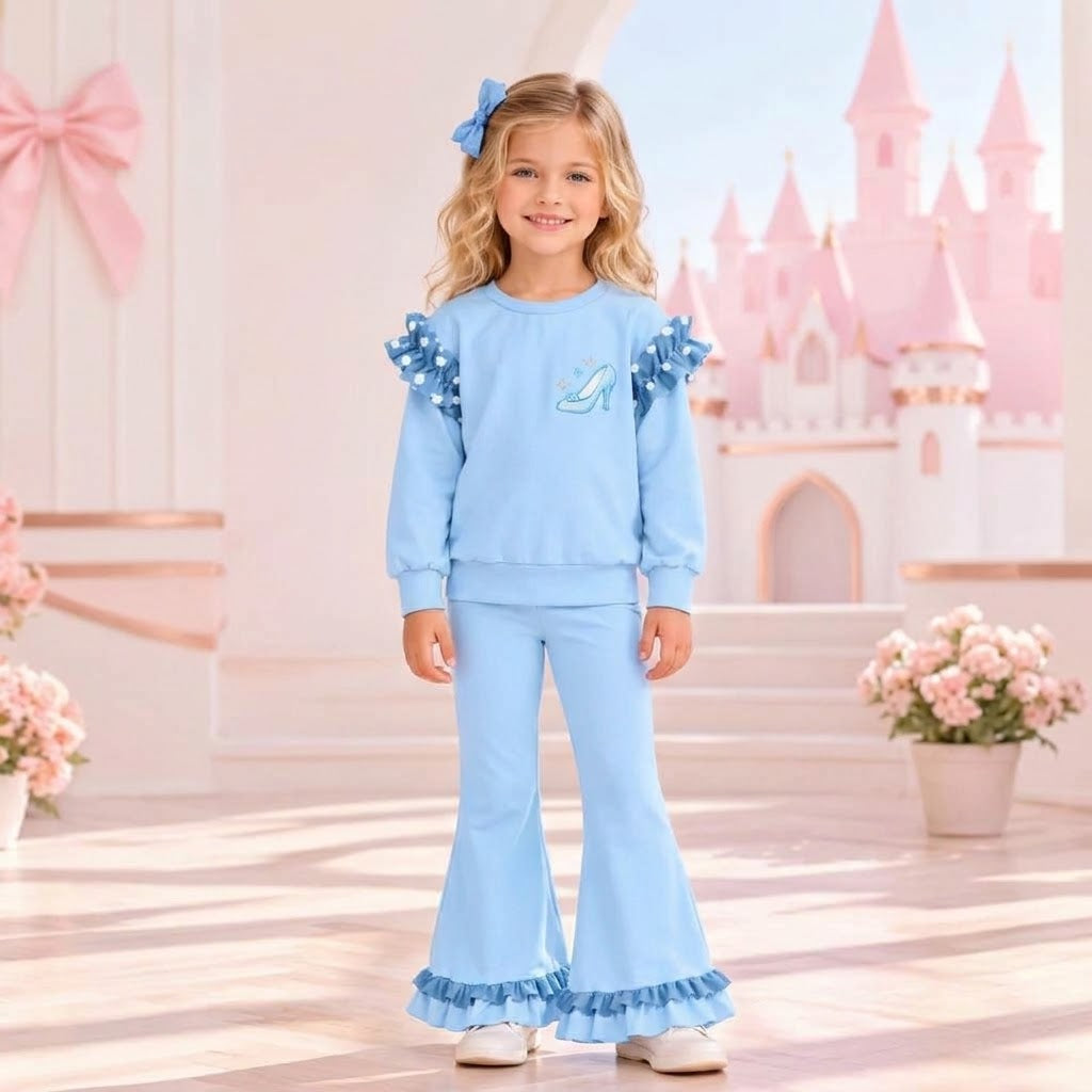 MOQ 5 Long sleeves princess polka dots ruffle top pants girls outfits