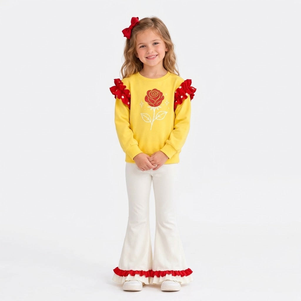 MOQ 5 Long sleeves princess ruffle top flare pants girls outfits