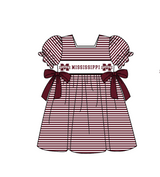 MOQ 5 pcs Short sleeves maroon stripe bow M girls team dresses