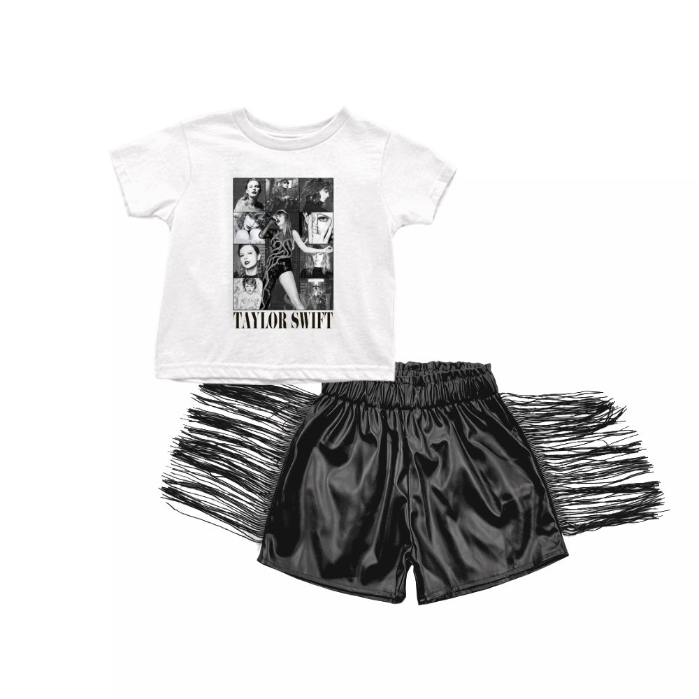MOQ 3 White top black tassels leather shorts singer girls clothes