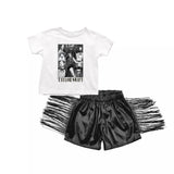 MOQ 3 White top black tassels leather shorts singer girls clothes