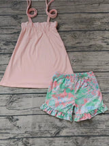 MOQ 3 pink straps top watercolor shorts girls clothes