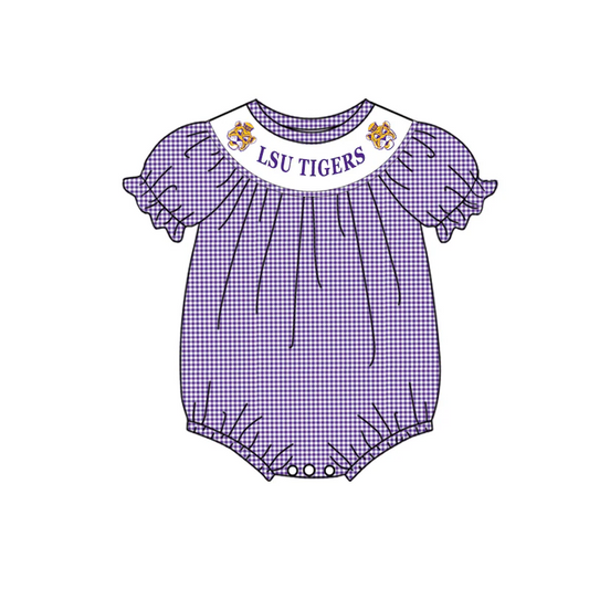 Deadline July 11 purple plaid tiger baby girls team romper