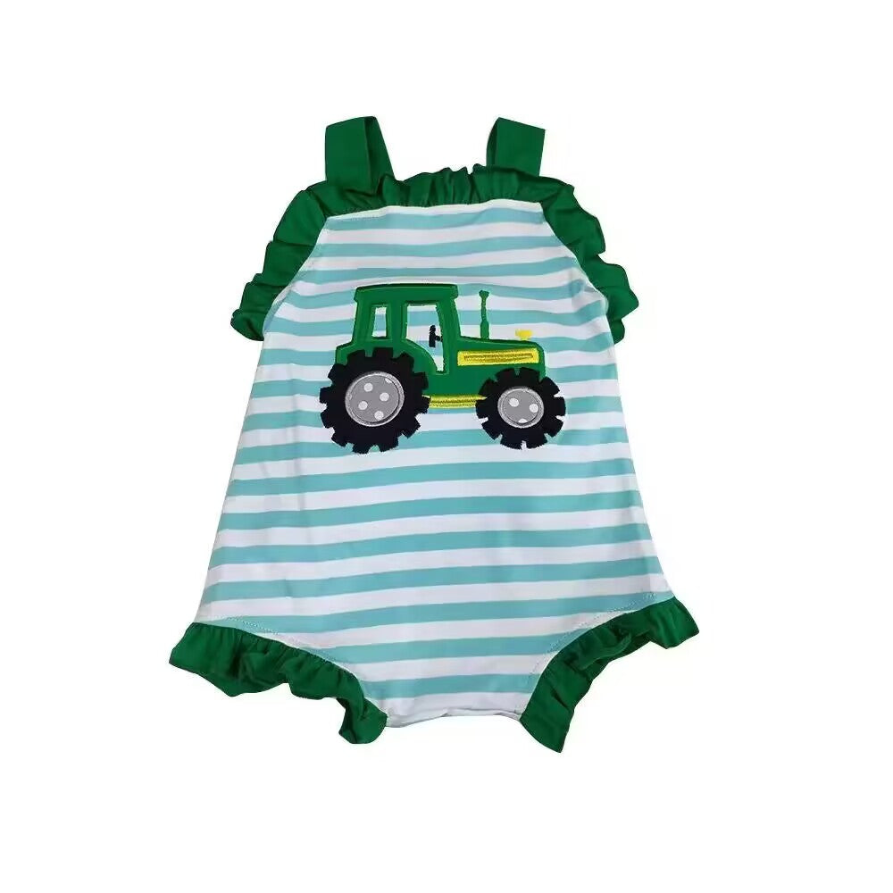 Deadline May 7 straps stripe tractor baby girls farm romper