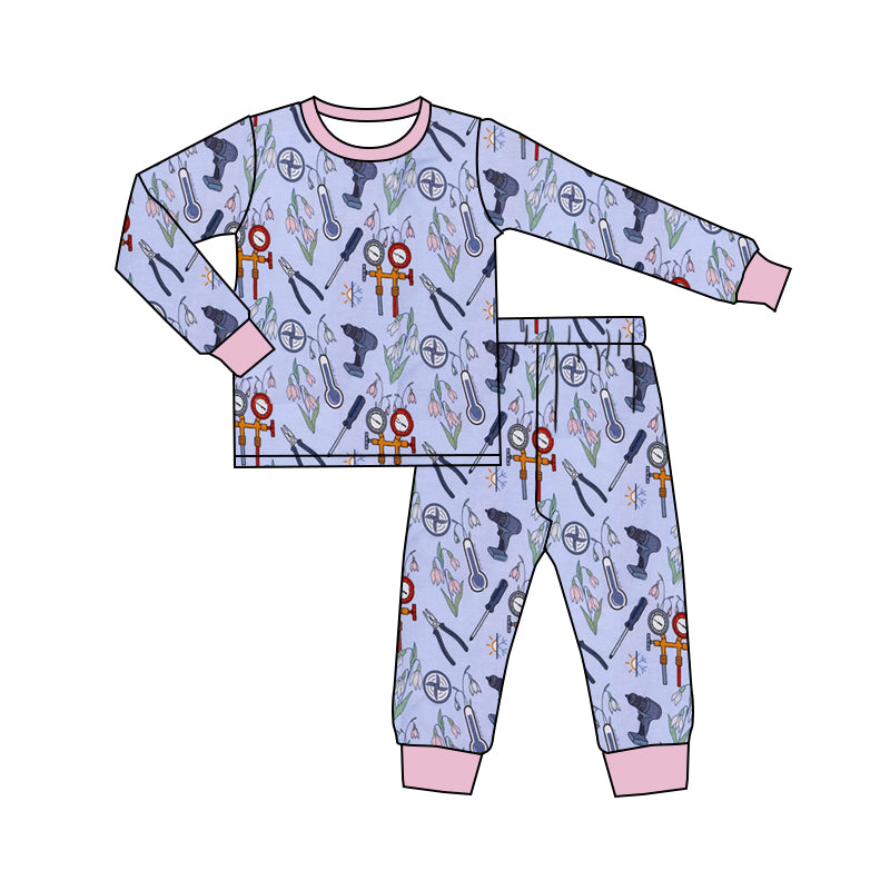 MOQ 3 Long sleeves pink tools kids girls pajamas