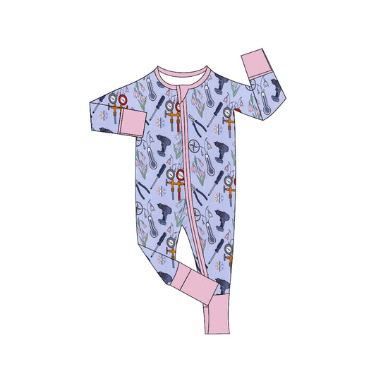 MOQ 3 pcs long sleeves pink tools baby girl zipper romper