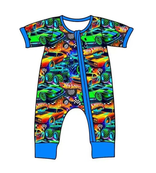 Deadline July 11 blue cars short sleeves baby zipper romper