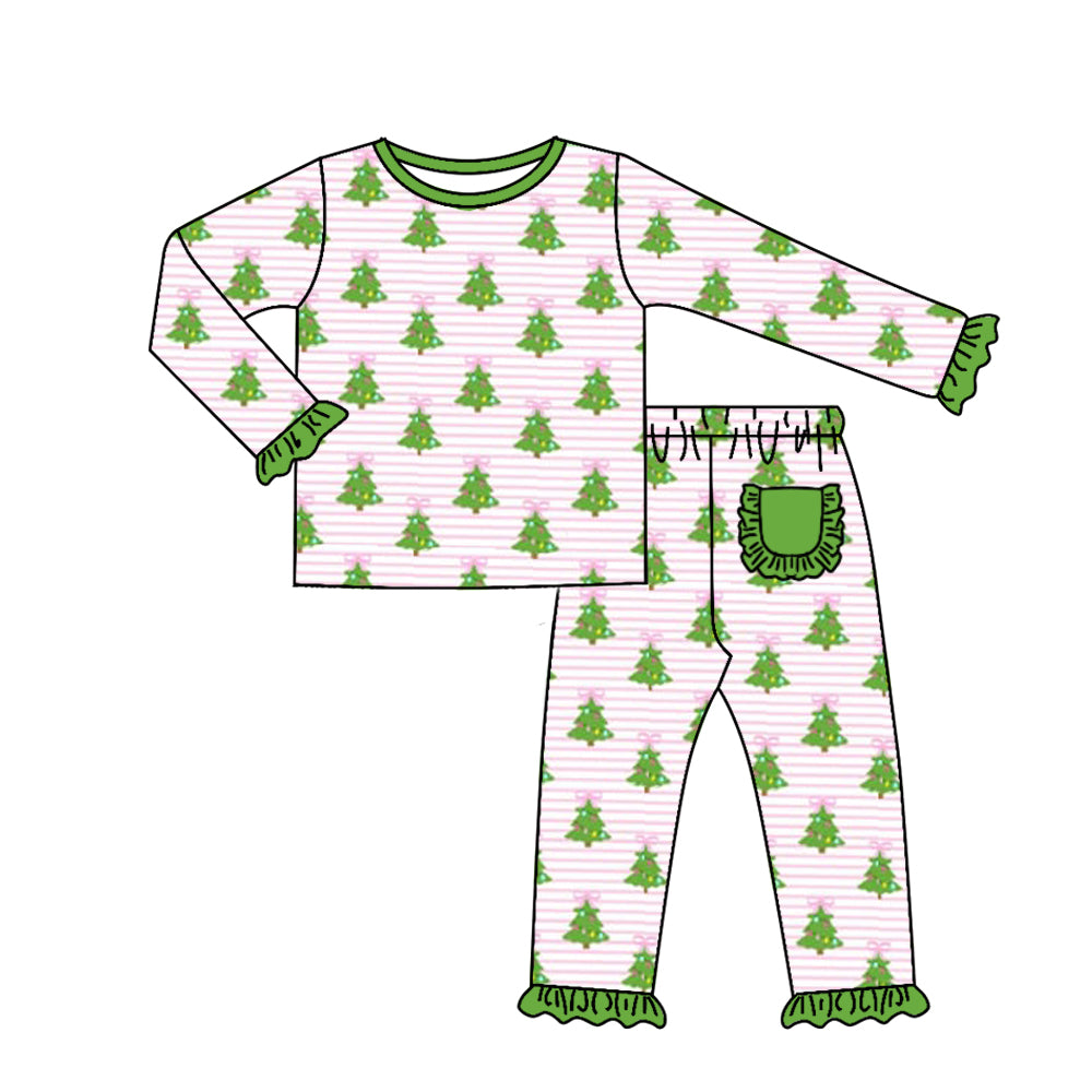 Deadline Aug 2 pink stripe Christmas tree girls pajamas