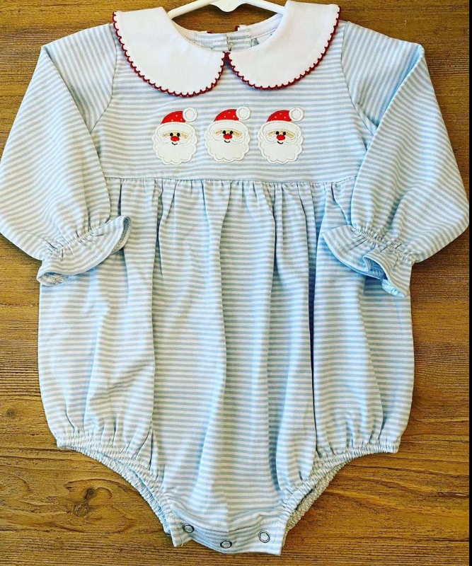 Deadline Aug 10 light blue stripe santa girls Christmas romper