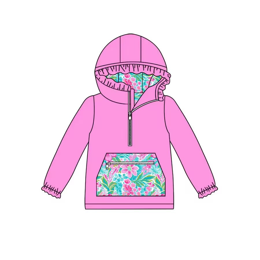 Deadline Aug 15 Pink ruffle floral pocket girls zipper hoodie