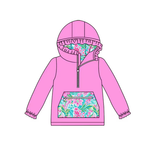 Deadline Aug 15 Pink ruffle floral pocket girls zipper hoodie