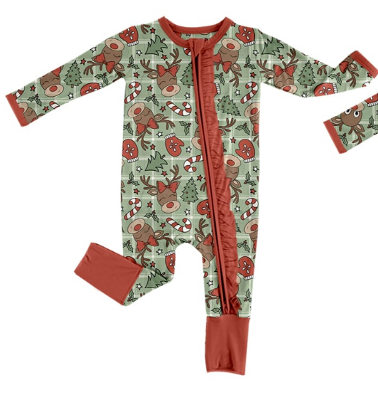 Deadline Aug 17 Deer candy cane baby girls Christmas bamboo zipper romper