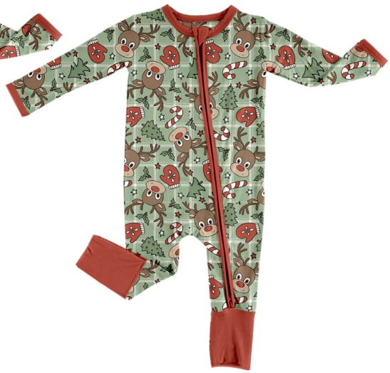 Deadline Aug 17 Deer candy cane baby boys Christmas bamboo zipper romper