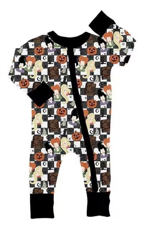 Deadline Aug 17 plaid pumpkin witches baby Halloween zipper romper