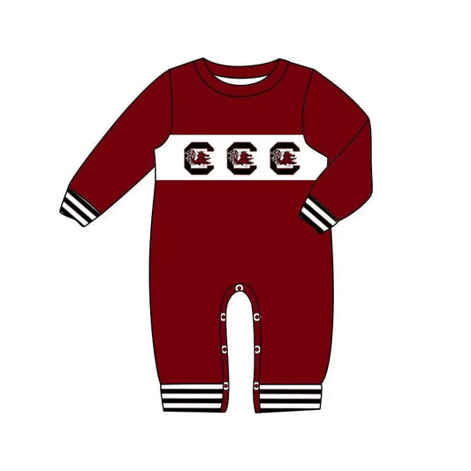 Deadline Sep 17 Long sleeves maroon stripe baby boy team romper