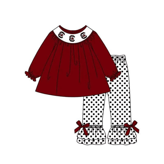 Deadline Sep 17 maroon top polka dots ruffle pants girls team clothes