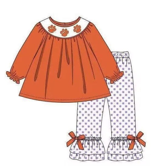 Deadline Sep 17 orange top polka dots ruffle pants girls team clothes