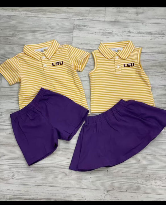 Deadline Sep 21 yellow stripe polo shirt purple shorts boys team set