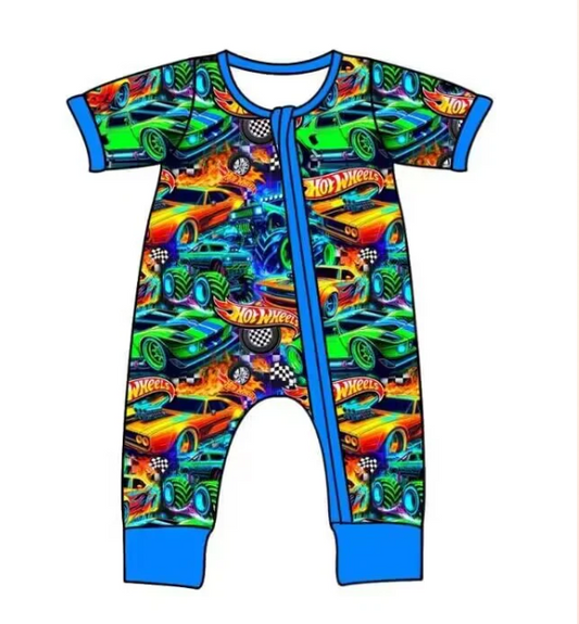 Deadline Sept 29 short sleeves blue cars baby boy zipper sleeper