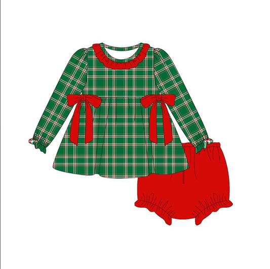 Deadline Oct 15 green plaid tunic bummies girls Christmas set