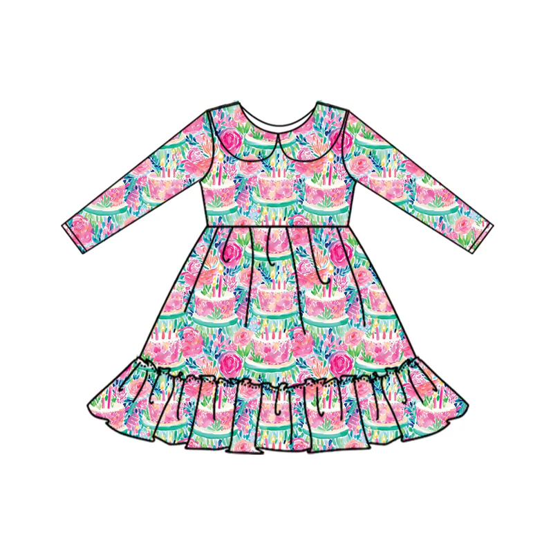 Deadline Oct 26 long sleeves floral Happy birthday cake girls dress