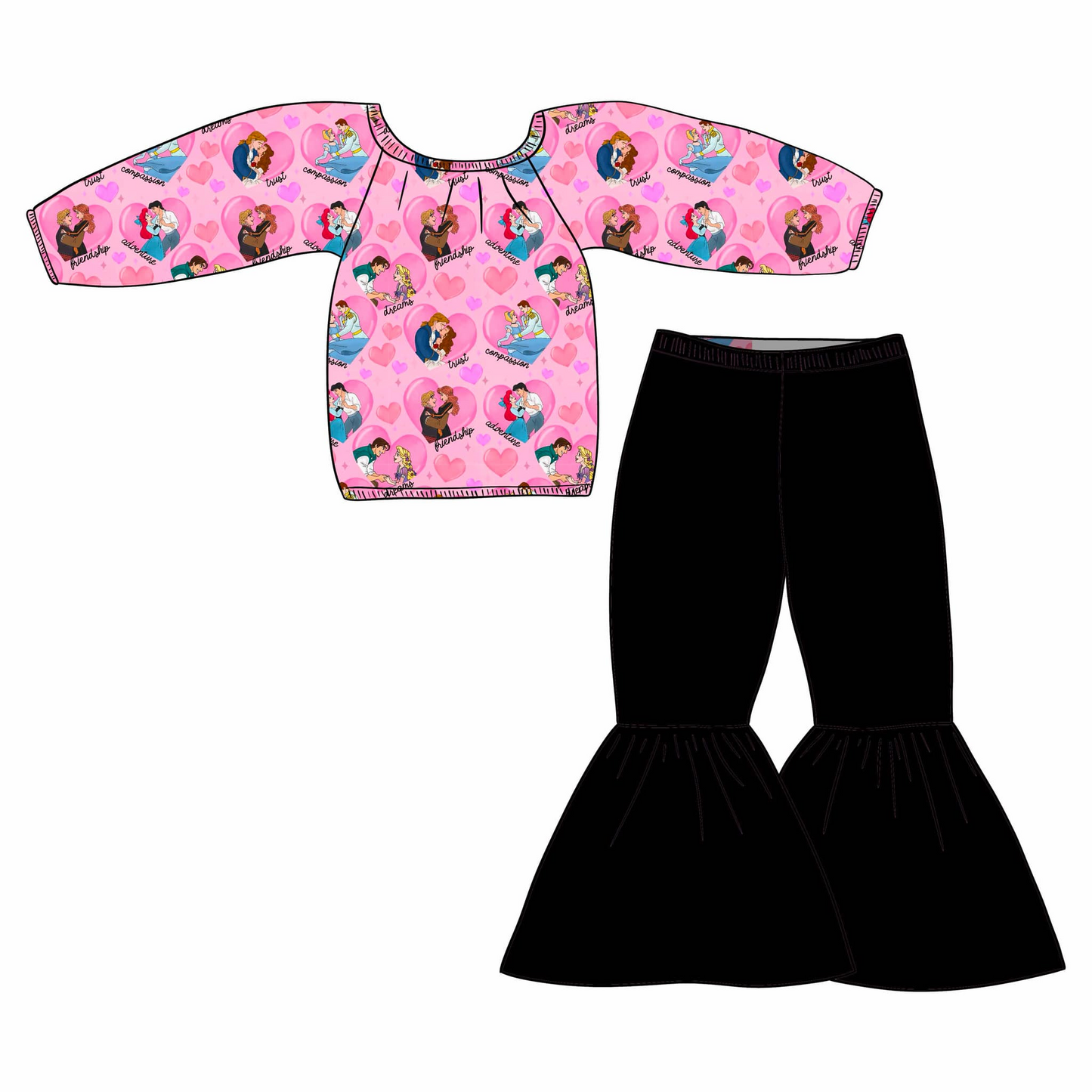 Deadline Nov 29 pink heart bell bottom pants girls valentine's set