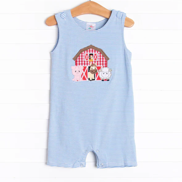 Deadline  Feb 4 sleeveless pig cow sheep stripe farm boy romper