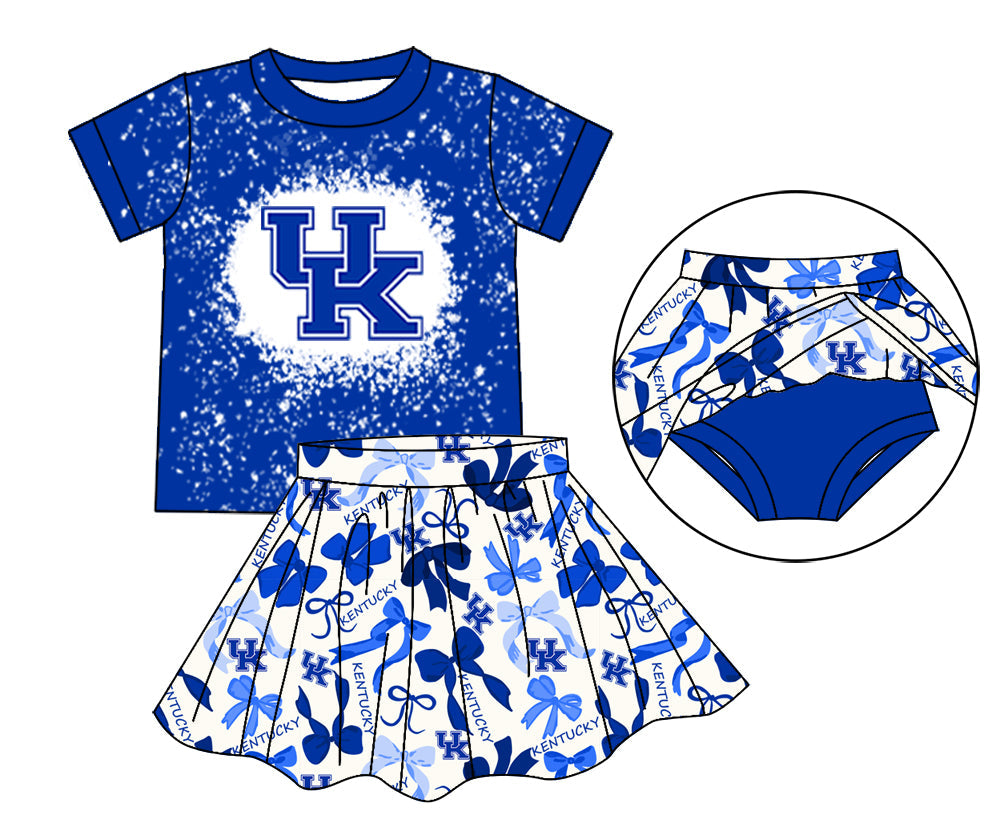 MOQ 3 pcs blue U K bleached top bow skirt girls team outfits