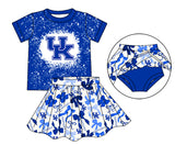 MOQ 3 pcs blue U K bleached top bow skirt girls team outfits