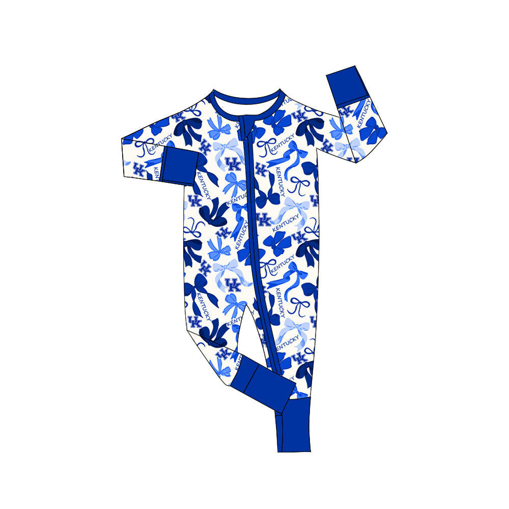 MOQ 3 pcs long sleeves blue bows U K baby team zip romper
