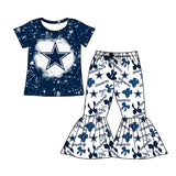 MOQ 3 pcs bleached cowboy blue top bow bell bottoms pants girls team clothing