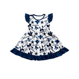 MOQ 3 pcs flutter sleeves cowboy blue bows girls team dress
