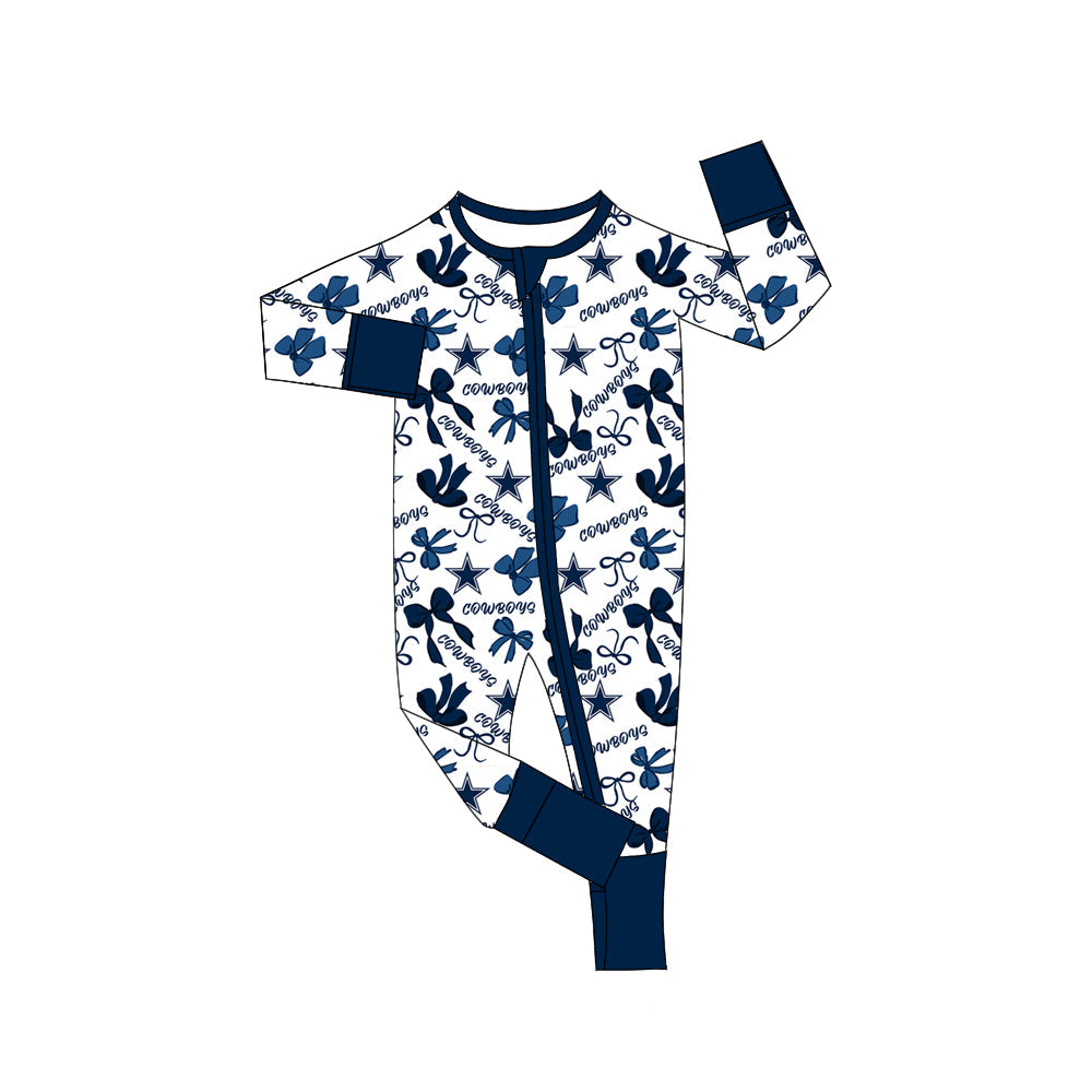 MOQ 3 pcs long sleeves cowboy blue bows baby team zip romper