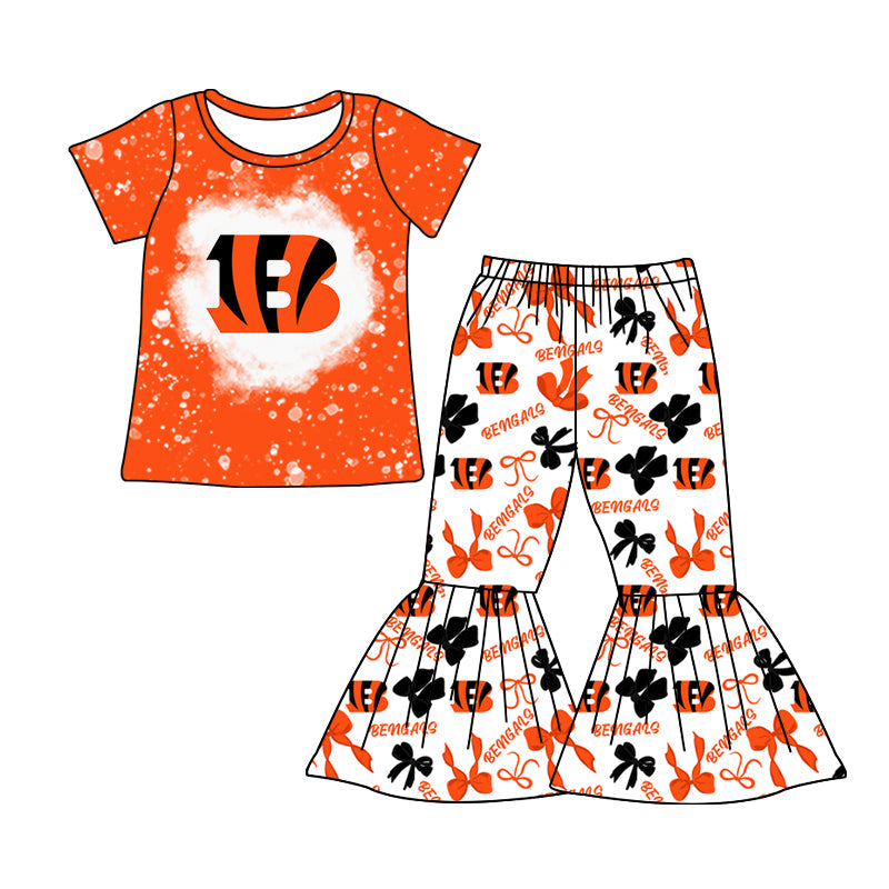MOQ 3 pcs bleached B orange top bow bell bottoms pants girls team clothing