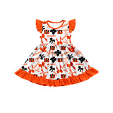 MOQ 3 pcs flutter sleeves B orange bows girls team dress