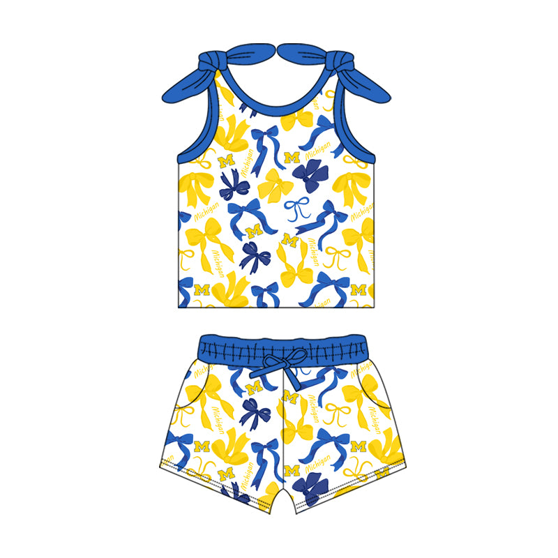 MOQ 3 pcs sleeveless M green yellow bow top shorts girls team clothes