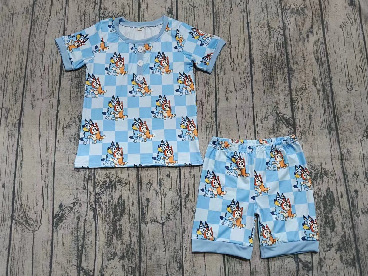 Light blue plaid dog kids boys summer pajamas