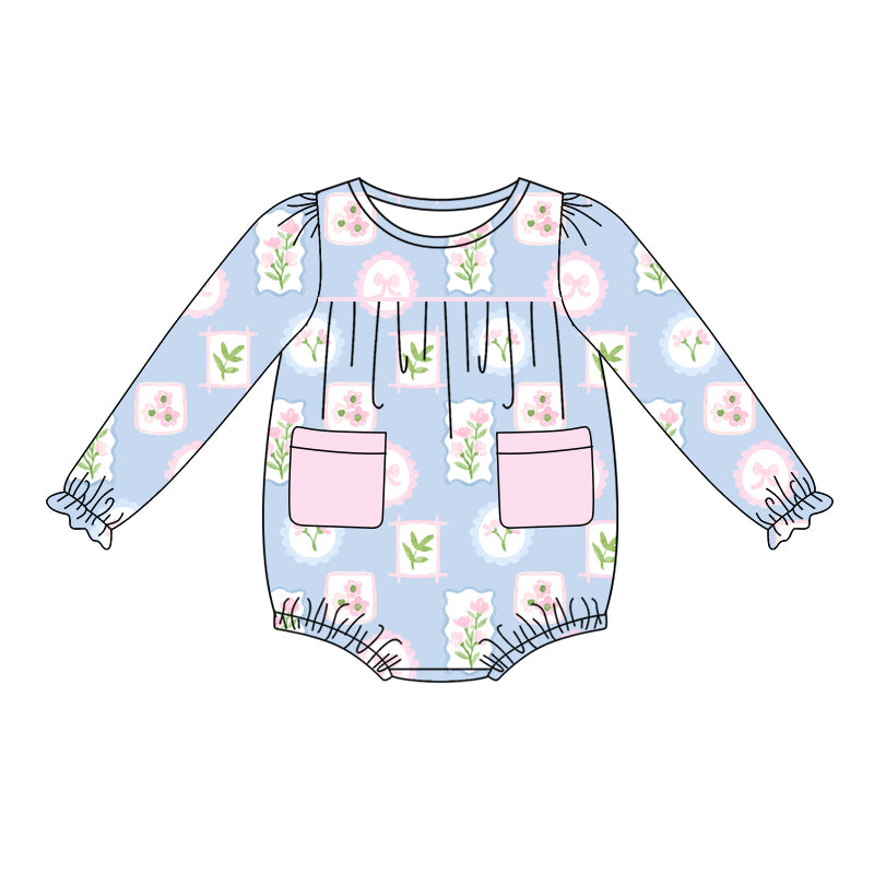 MOQ 5 pcs long sleeves floral bow pocket baby girl romper