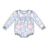 MOQ 5 pcs long sleeves floral bow pocket baby girl romper