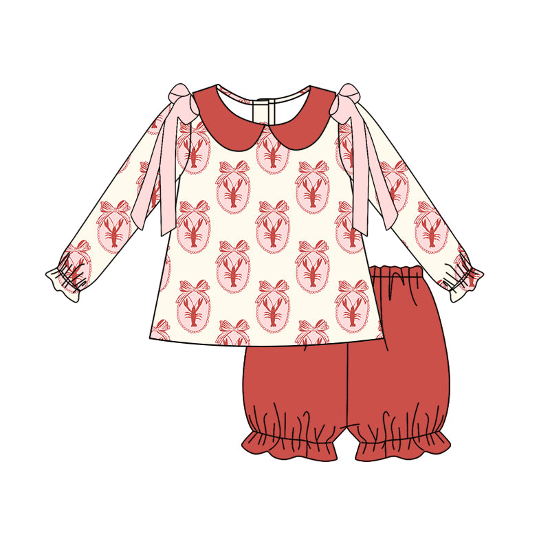 MOQ 5 pcs long sleeves crawfish bow kids girls outfits