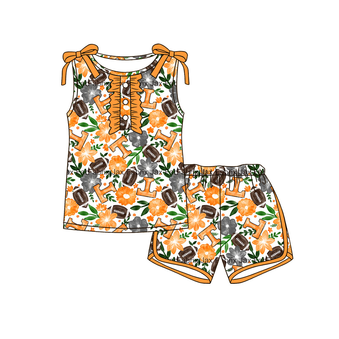 MOQ 5 pcs sleeveless Orange floral T top shorts girls team outfits