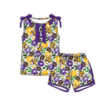 MOQ 5 pcs sleeveless purple yellow floral top shorts girls team outfits