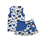 MOQ 5 pcs polo top blue bow football top skirt girls team active outfits