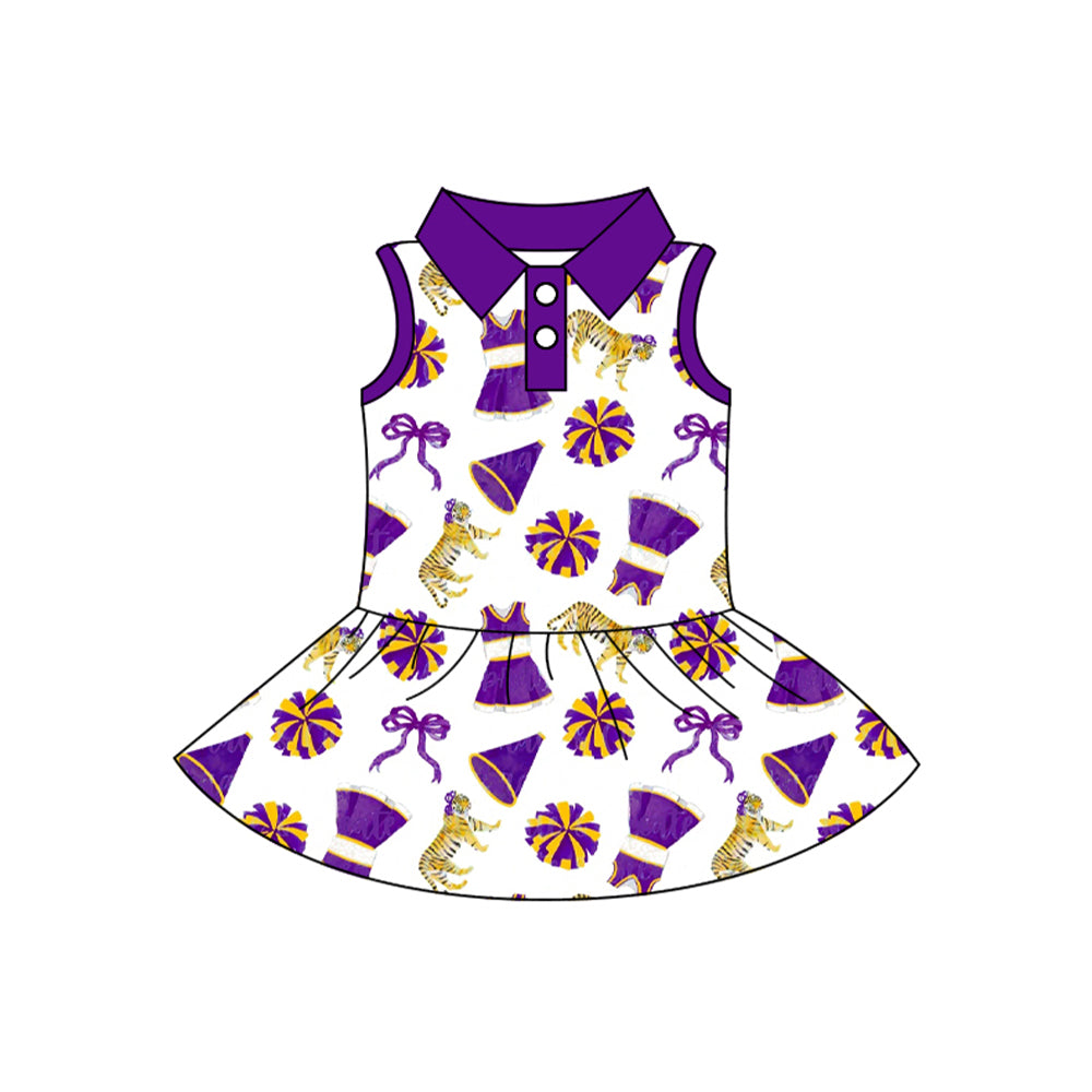MOQ 5 pcs Sleeveless purple tiger bow kids girls team polo athletic dress
