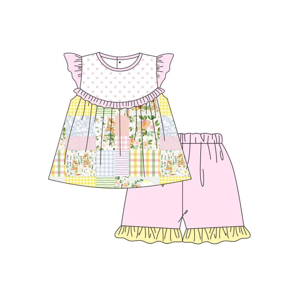 MOQ 5 pcs flutter sleeves rabbit floral kids girls Easter set