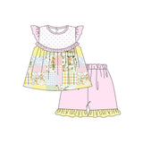 MOQ 5 pcs flutter sleeves rabbit floral kids girls Easter set