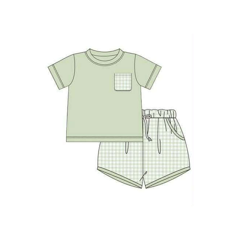 MOQ 5 pcs short sleeves plaid pocket top shorts boys outfits