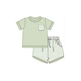 MOQ 5 pcs short sleeves plaid pocket top shorts boys outfits
