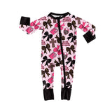 MOQ 5 pcs long sleeves bow leopard baby girls zipper romper