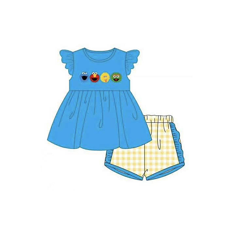 MOQ 5 pcs short sleeves sesame tunic plaid shorts girls outfits